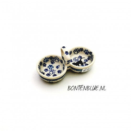031 Bunzlau Dubbel schaaltje S decor 1771 zwarte poes 031 Bunzlau Dubbel schaaltje S decor 1771 zwarte poes